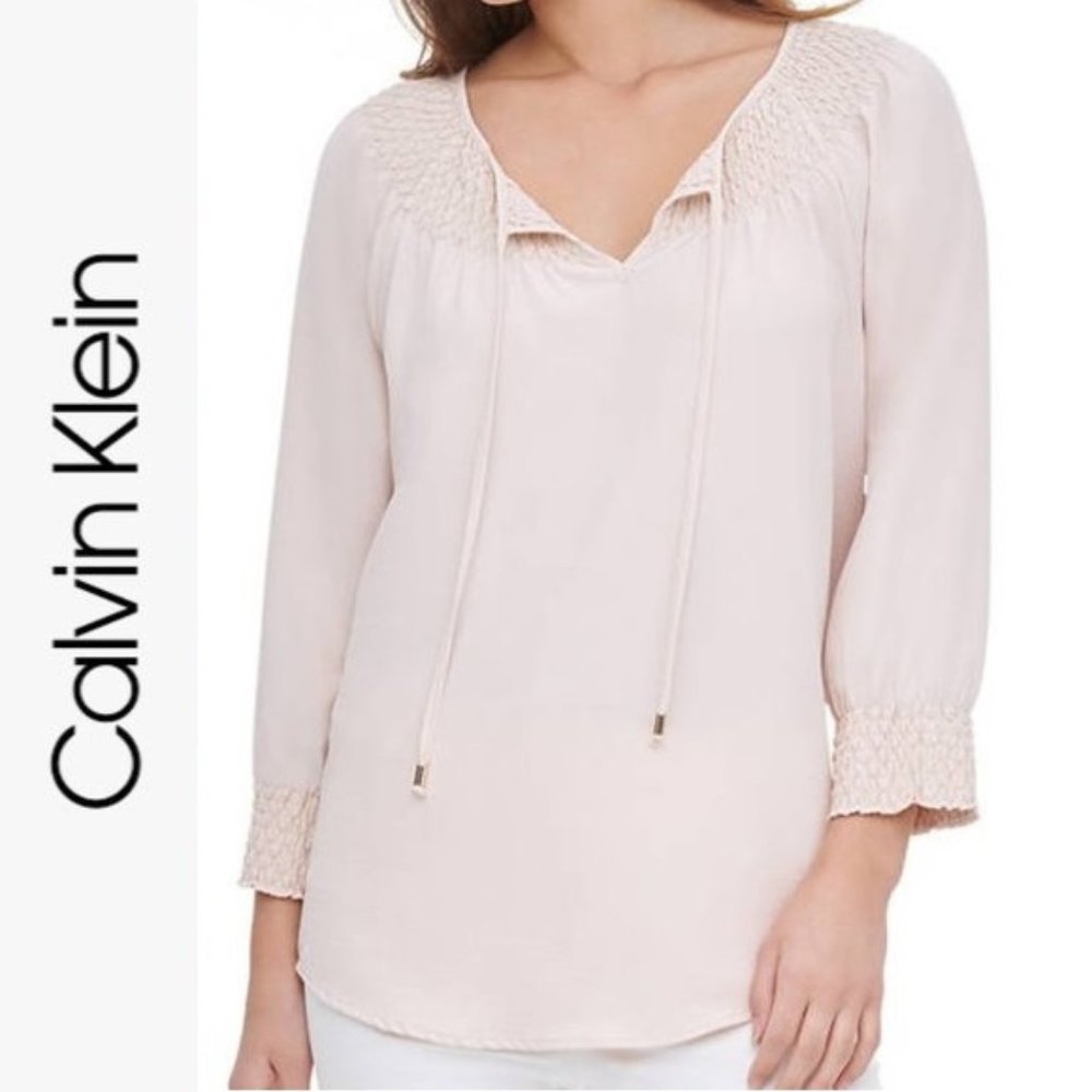 Calvin Klein Long Sleeve Smocked Top Tie Detail